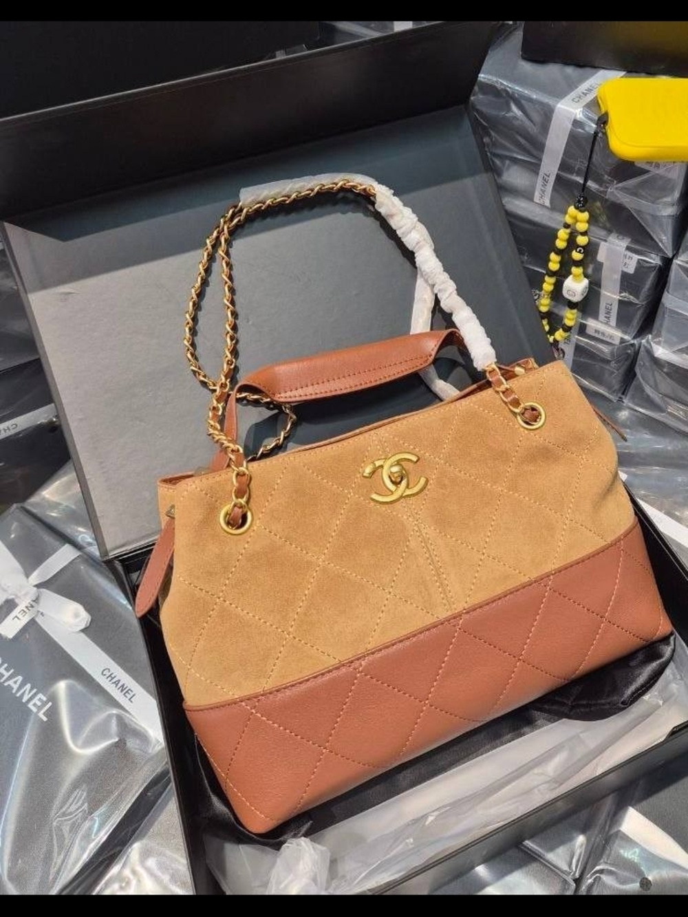 CHANEL Two-Tone Tan & Brown Quilted Suede Shoulder Bag